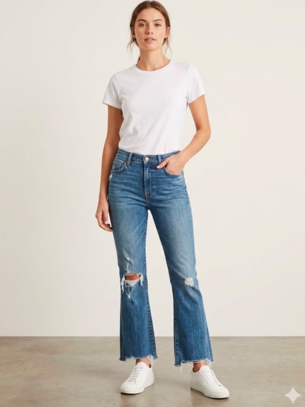 MOTHER Blue Distressed Flare Jeans with Raw Hem
